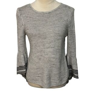NIC+ZOE Gray Linen Long Striped Ruffle Bell Sleeve Pullover Sweater Size 2P